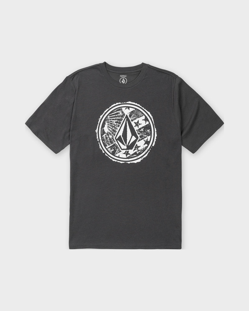 The Volcom Men’s Core Stone Short Sleeve Tee in Washed Black Heather features a modern fit and bold white circular graphic with geometric and star designs.