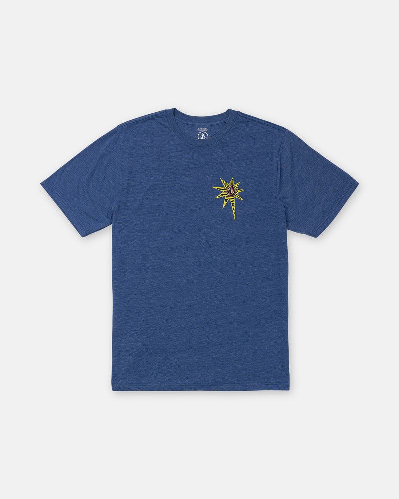 The Men’s Op Blast Short Sleeve Tee by Volcom features a blue modern fit and a small yellow and black starburst graphic on the left chest, made from soft ring-spun cotton, shown laid flat on a white background.