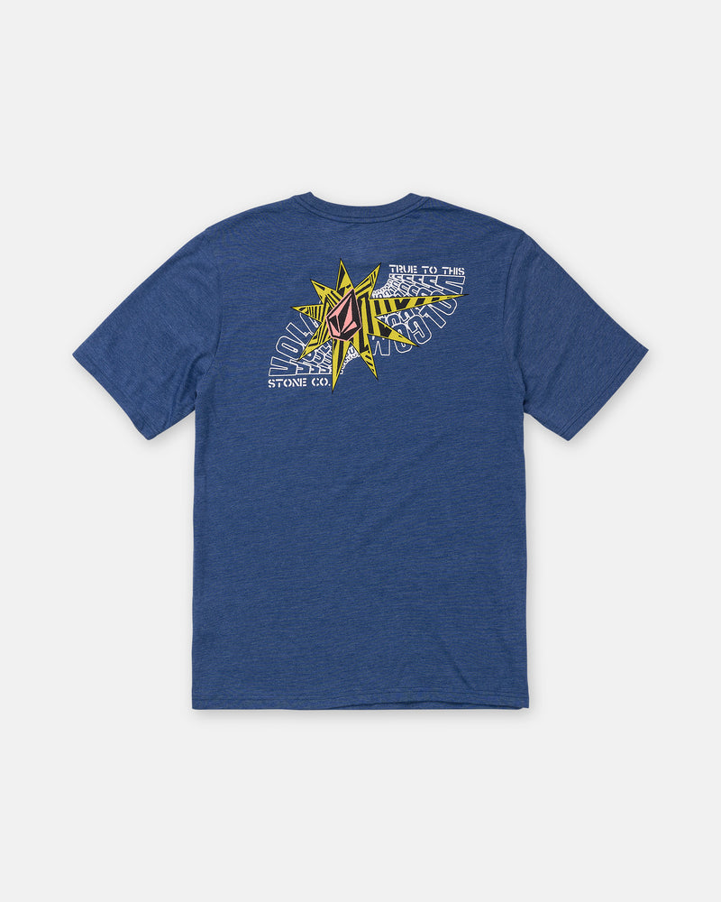 The Men’s Op Blast Short Sleeve Tee by Volcom features a large colorful star and abstract shapes on the back, with TRUTH TO THIS and STONE CO. in white and yellow text. Shown laid flat on a white background.