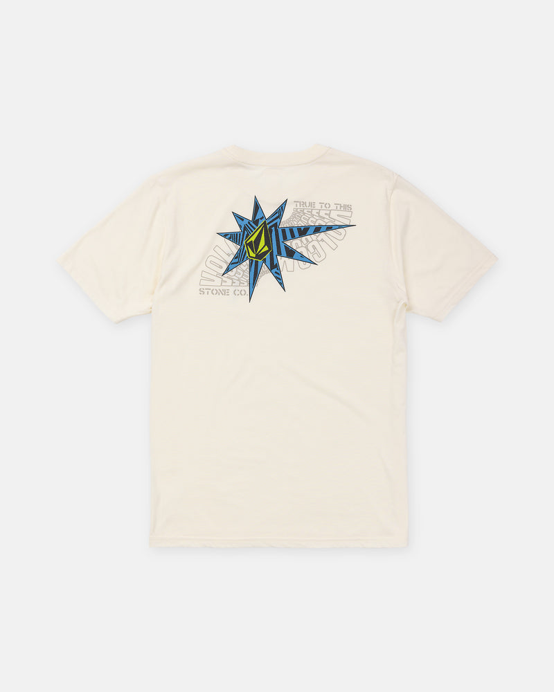 Off-white Volcom Men’s Op Blast Short Sleeve Tee with a blue and black star-shaped graphic on the back featuring a yellow logo and the text True to This.