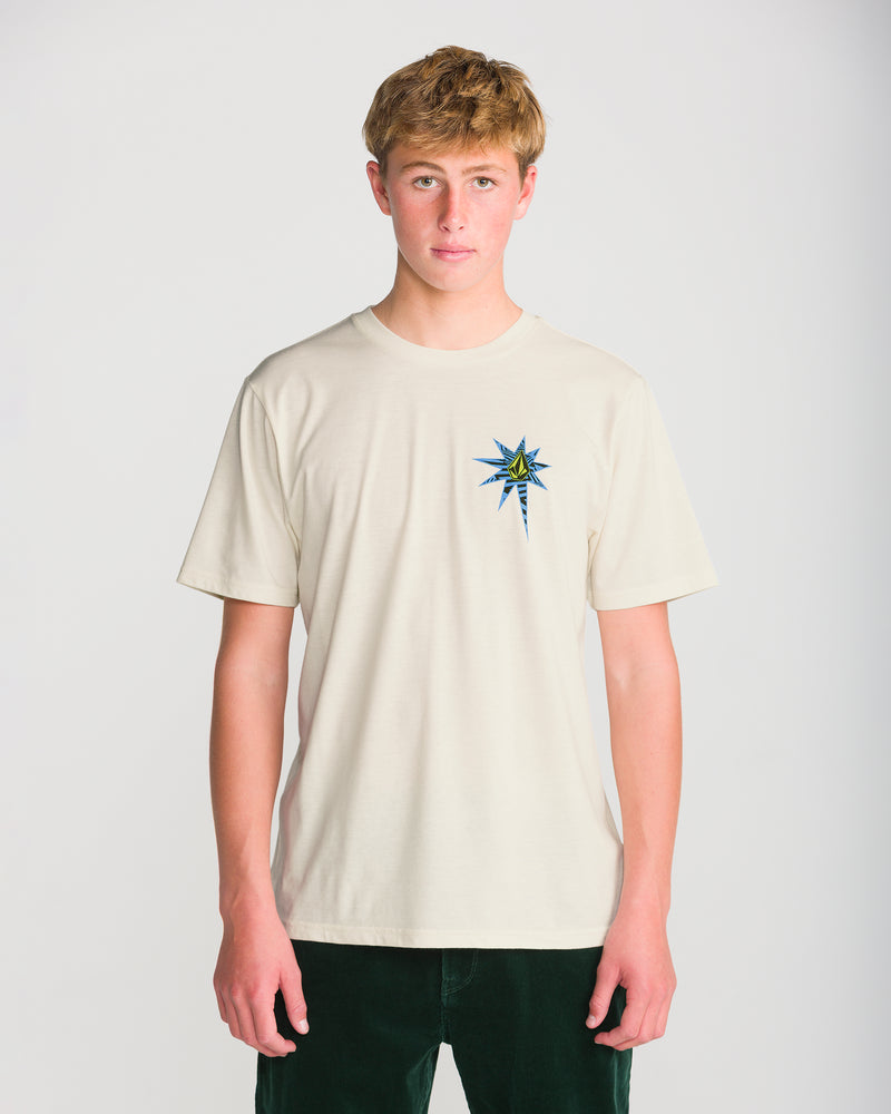 A person wears a heathered 50/50 blend Men’s Op Blast Short Sleeve Tee, featuring a beige short-sleeve design with a blue and black star-shaped graphic on the chest.