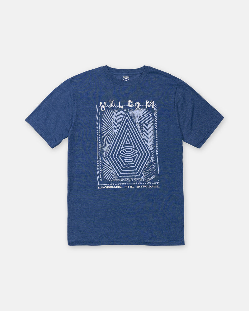 Men’s Insomniac Short Sleeve Tee by Volcom, in blue, features a white geometric VOLCOM graphic and EMBRACE THE STRANGE text. Tee is shown laid flat on a white background.