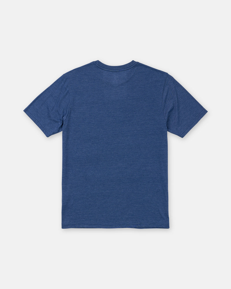 A plain blue Men’s Insomniac Short Sleeve Tee by Volcom, shown laid flat with the back facing up on a white background—a modern fit tee great for casual style.