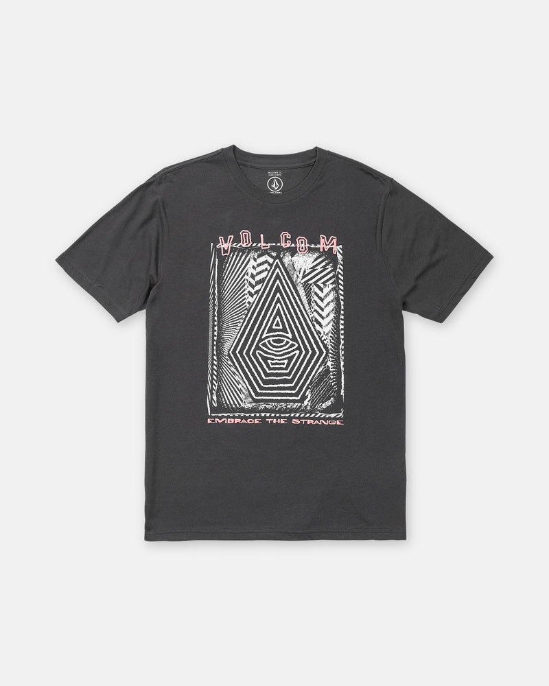 The Men’s Insomniac Short Sleeve Tee by Volcom features a black puff ink abstract design in white and pink, with VOLCOM at the top and EMBRACE THE STRANGE at the bottom. Modern fit in Washed Black Heather.