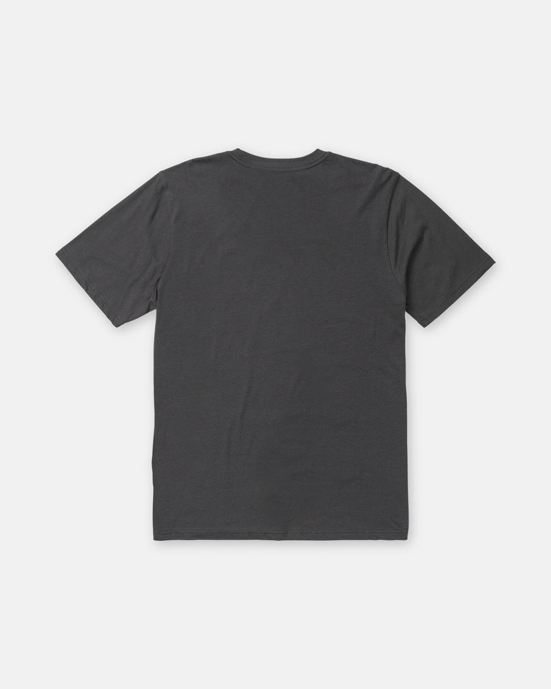 The Men’s Insomniac Short Sleeve Tee by Volcom in Washed Black Heather, modern fit, is pictured from the back with short sleeves and laid flat on a white background.