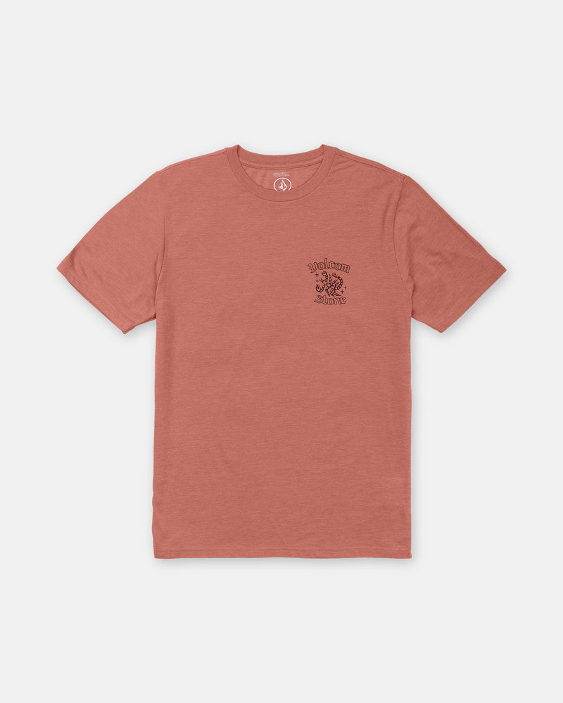 The Men’s Flash Short Sleeve Tee by Volcom is a faded red heather blend with short sleeves, featuring a small black graphic and text on the left chest in soft-hand screen print, shown flat on white.