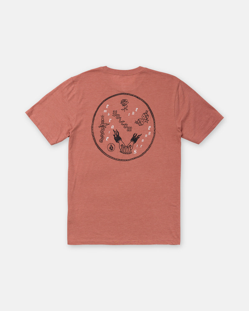 The Volcom Men’s Flash Short Sleeve Tee is a light red modern fit t-shirt with a large black abstract graphic on the back, featuring hands, plants, and letters in a soft-hand screen print for added comfort.