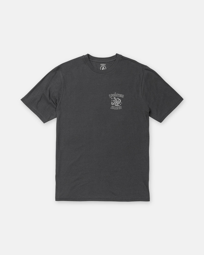 Volcom Men’s Flash Short Sleeve Tee in dark gray heather, featuring a crew neck and a small white graphic on the left chest with a stylized stone character and text.