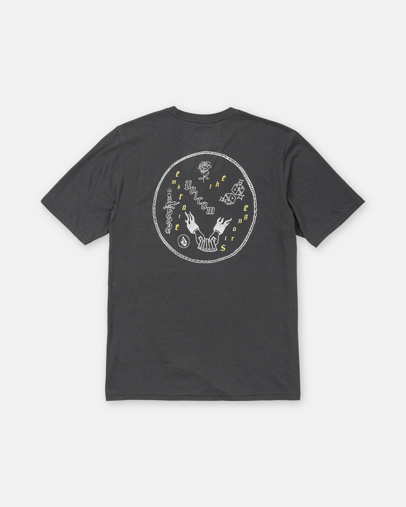 Volcom Men’s Flash Short Sleeve Tee in dark gray heather, featuring a crew neck and a back graphic of a rope-bordered oval containing a rose, sword, dice, and hands surrounding yellow text.
