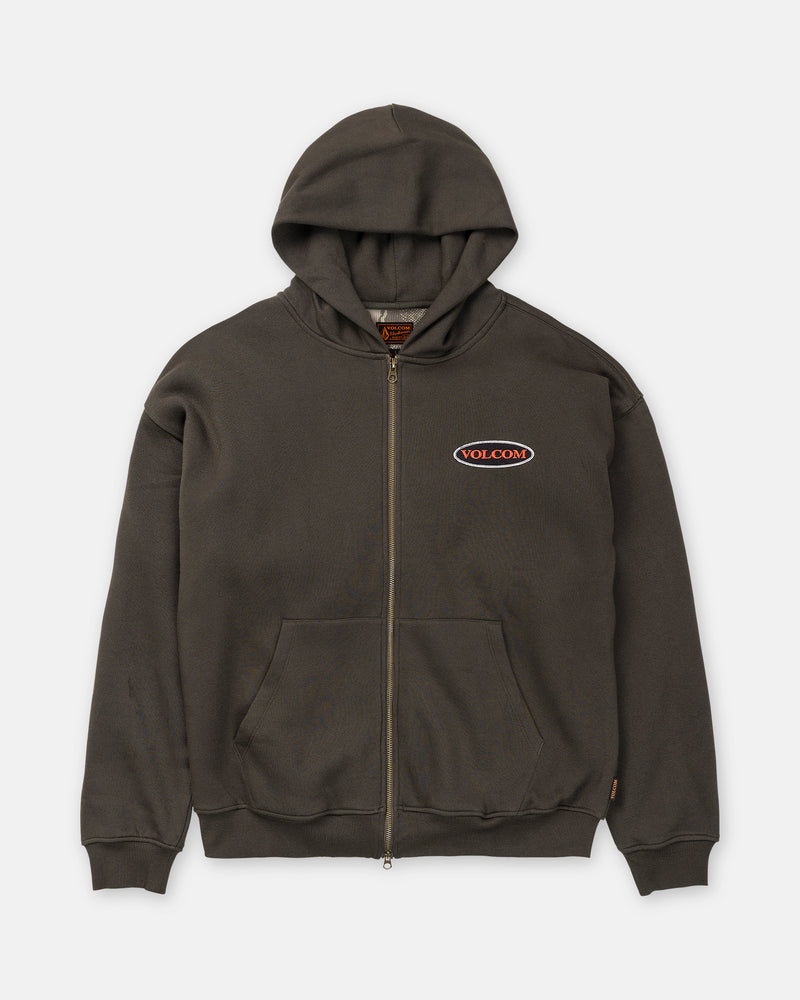 Volcom Men’s Driggs Workwear Zip: a dark brown zip-up hoodie in brushed-back fleece with a hood, front pockets, and an oval logo on the chest.