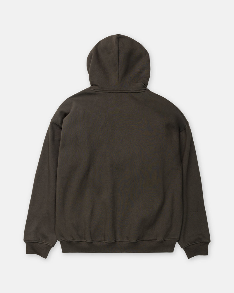 Back view of the dark gray Men’s Driggs Workwear Zip hooded sweatshirt in brushed-back fleece.