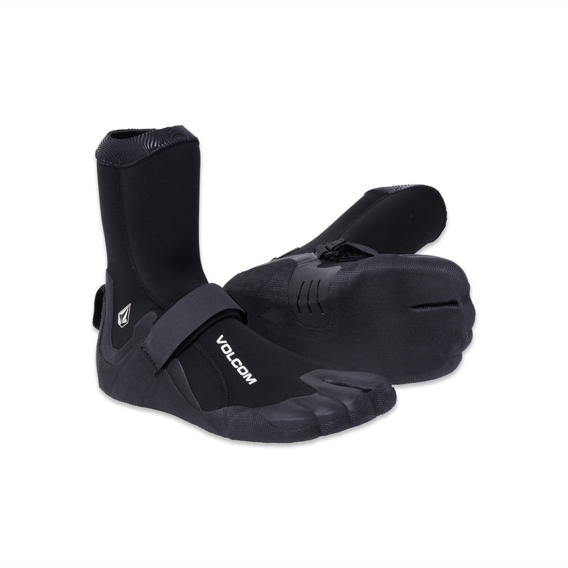 The Volcom Men's 3MM Split Toe Booties are black neoprene surf booties with Velcro straps and the Volcom logo, designed for water sports, shown against a white background.