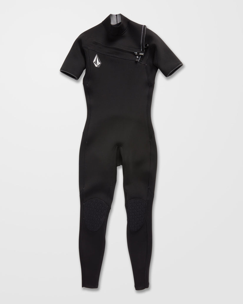The Volcom Men's 2/2MM Short Sleeve Full Wetsuit in black features a zippered shoulder, reinforced knee pads, and a white logo on the left chest, shown against a plain light background.