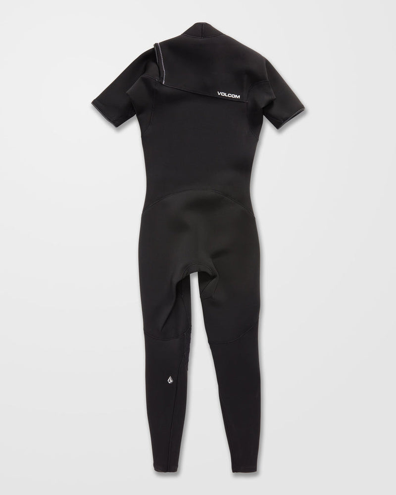 A Men’s 2/2MM Short Sleeve Full Wetsuit by Volcom in black is shown flat on a white background, with the Volcom brand name printed in white on the upper back.