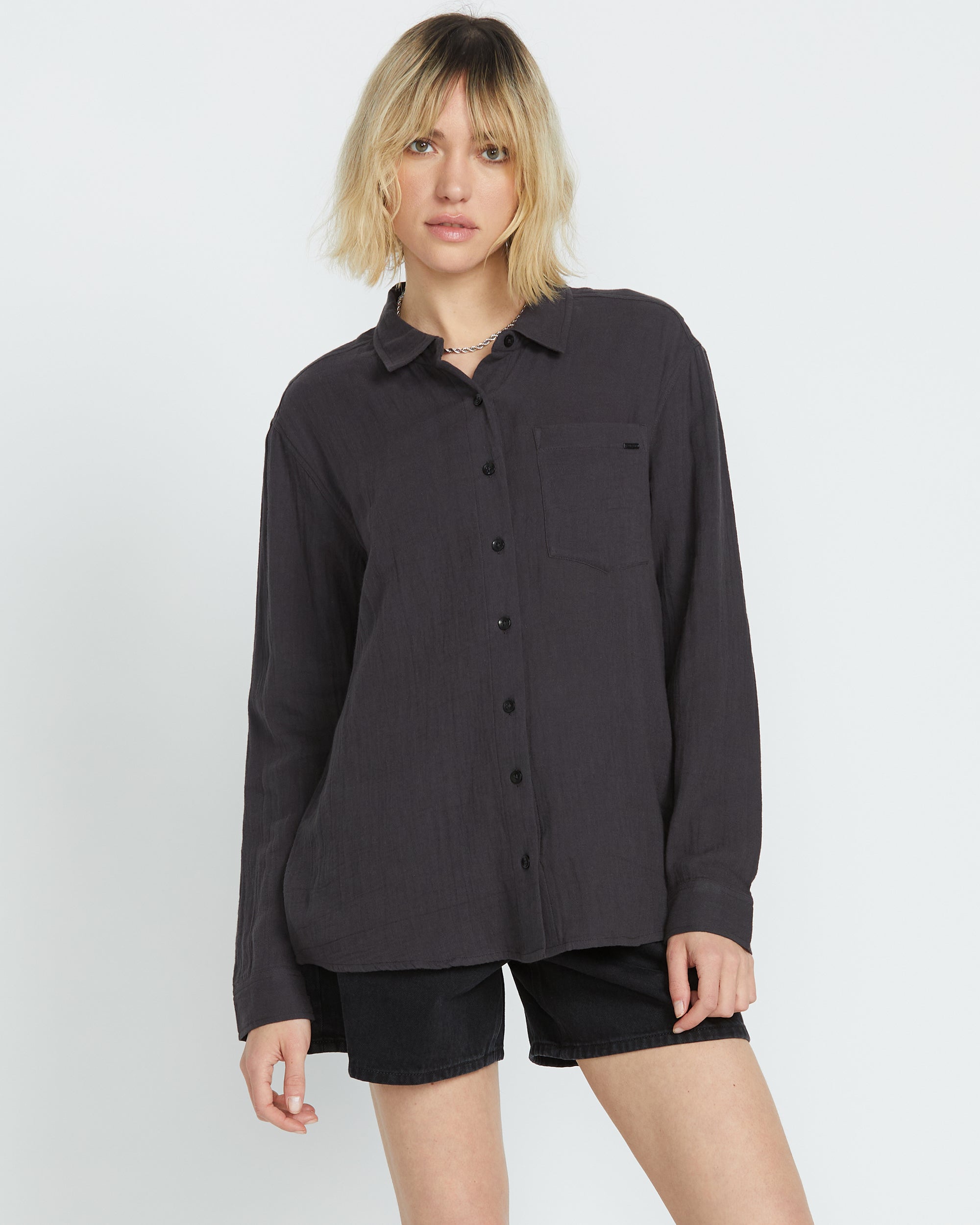 Women's Lil Button Up Long Sleeve-Vintage Black-Volcom