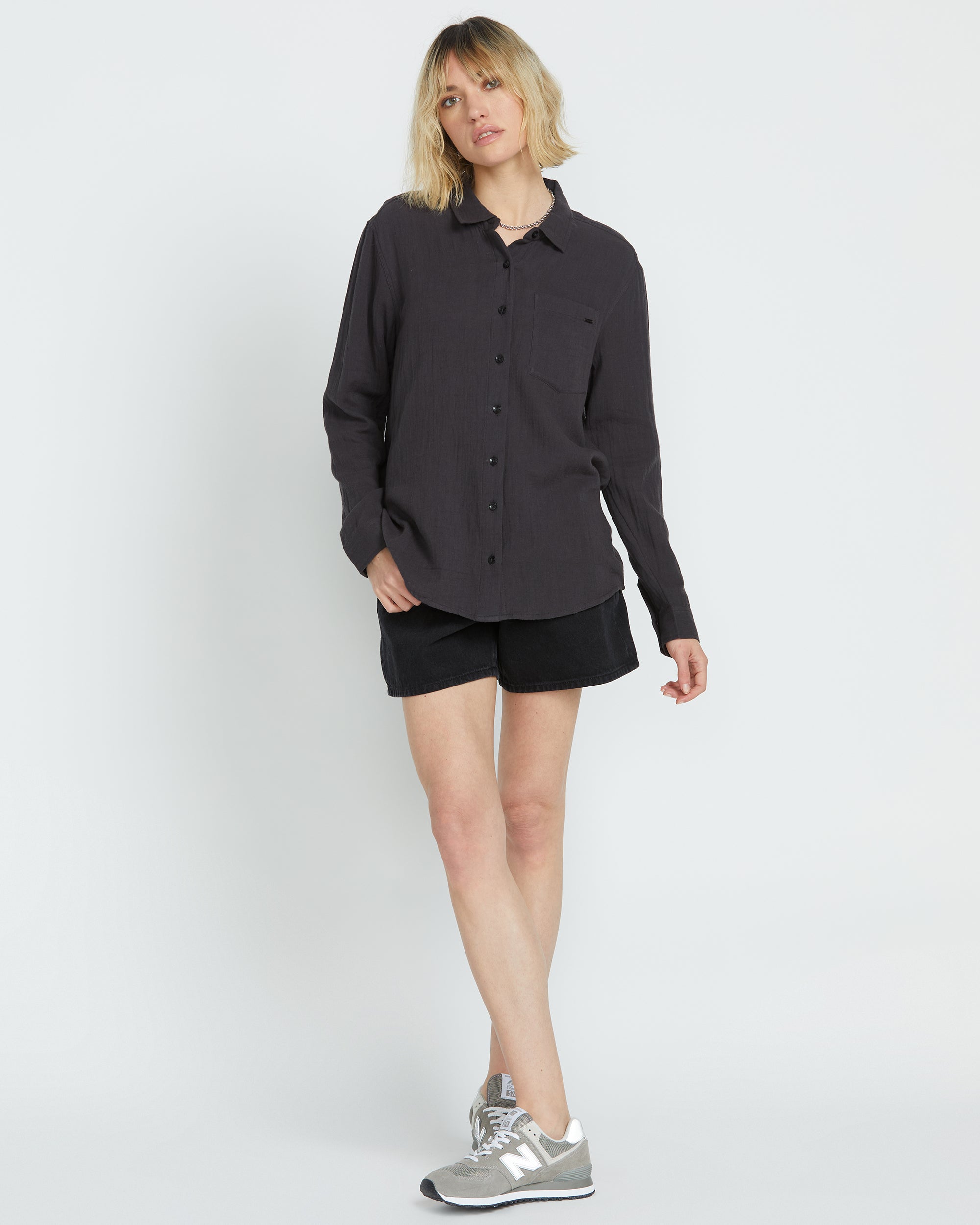 Women's Lil Button Up Long Sleeve-Vintage Black-Volcom