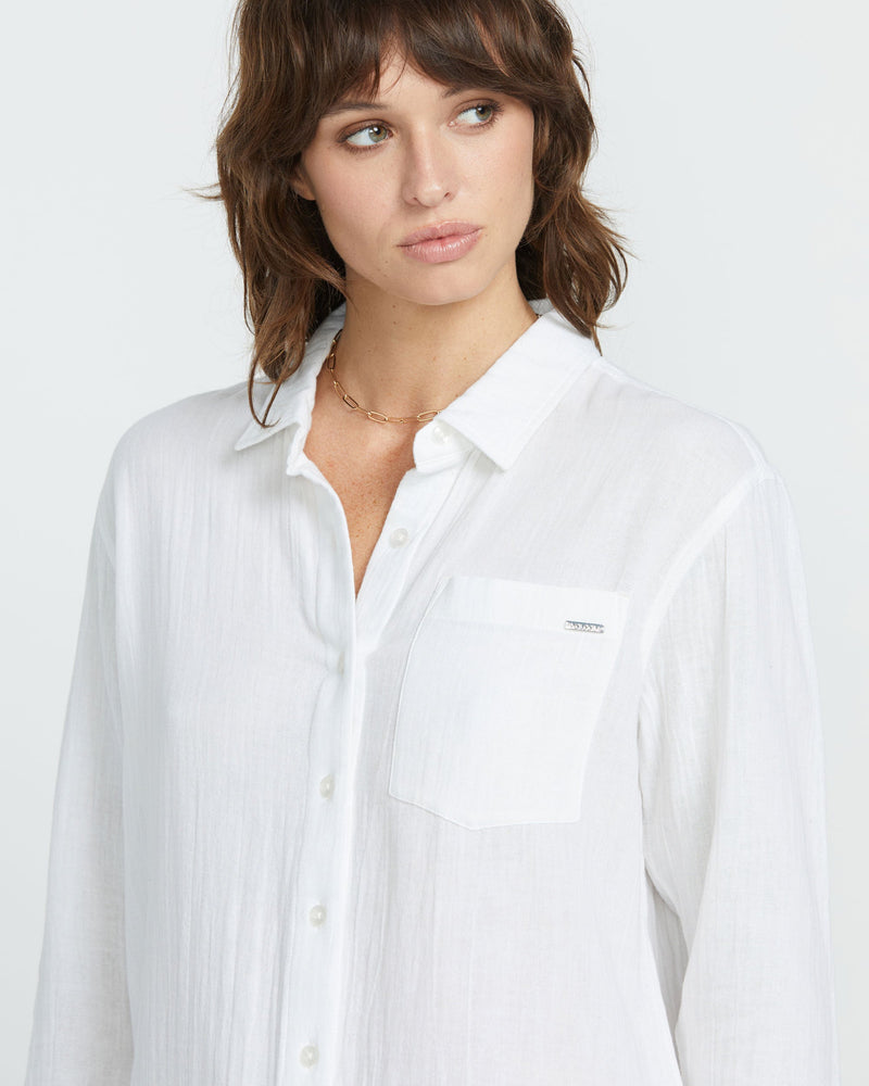 Volcom Women's Lil Button Up Long Sleeve Shirt White
