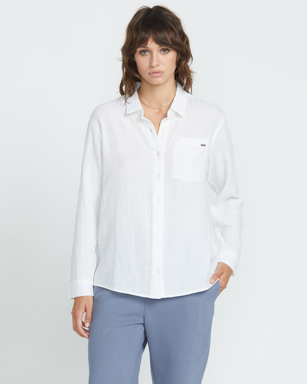 long sleeve white dress shirt womens Volcom Women's Lil Button Up Size:40X32 Long Sleeve Pearl Backless misses Shirt material:Ribbed