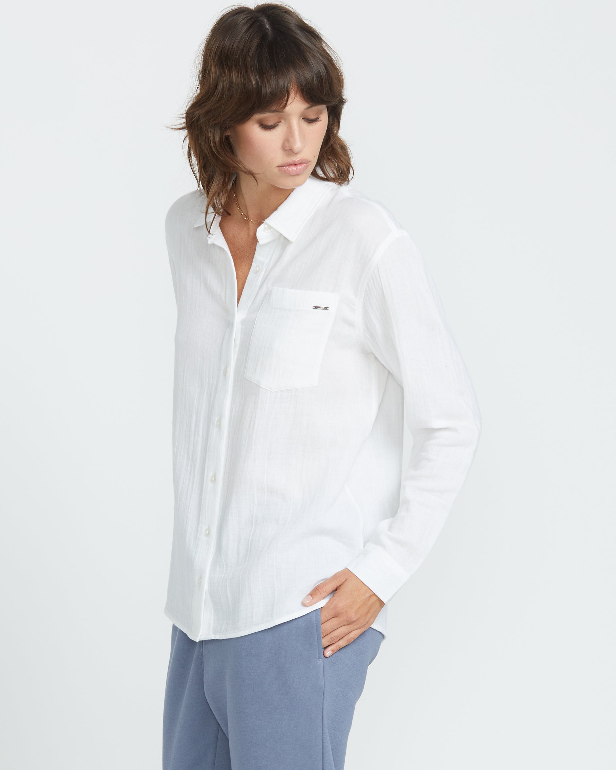 chinese dress ladies Women's White Cotton Poplin Long Sleeve Button Up Shirt