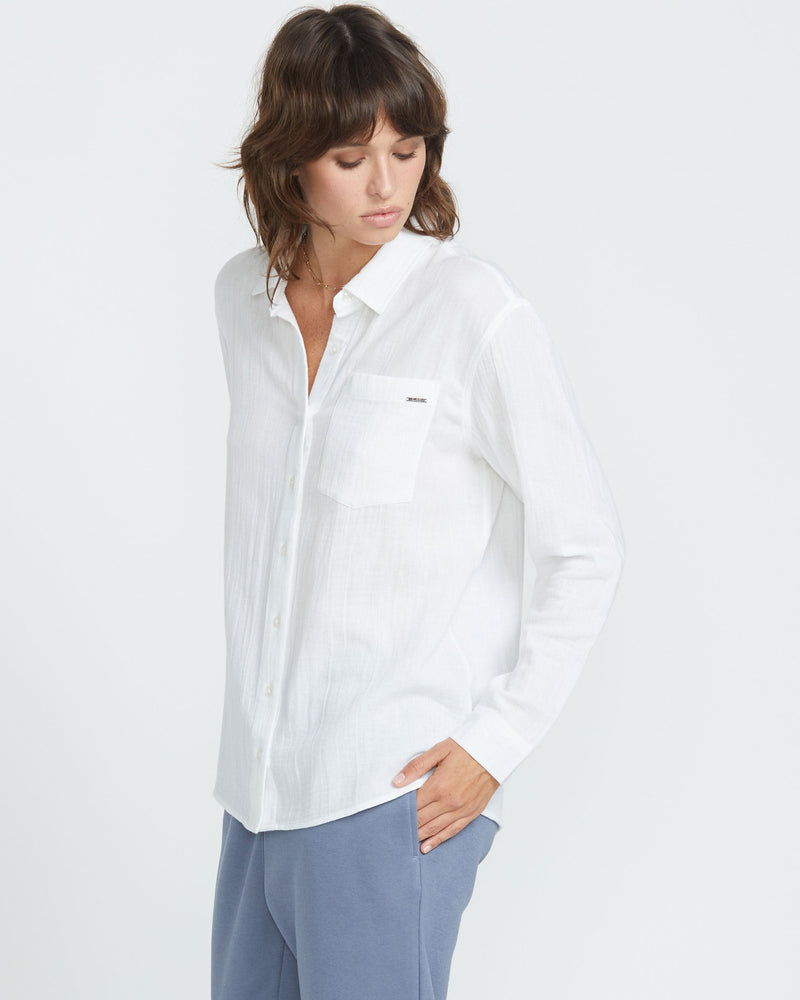 Volcom Women's Lil Button Up Long Sleeve Shirt White