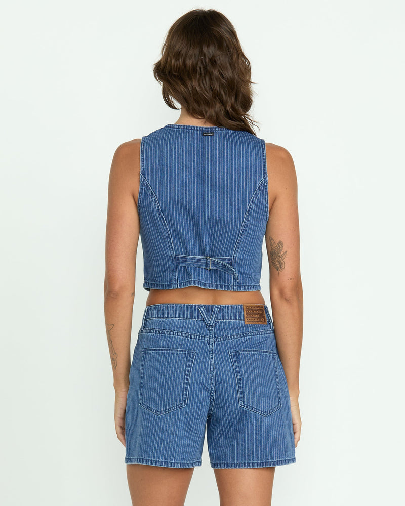 Volcom Women's Stoned Boyfriend Shorts Blue Stripe