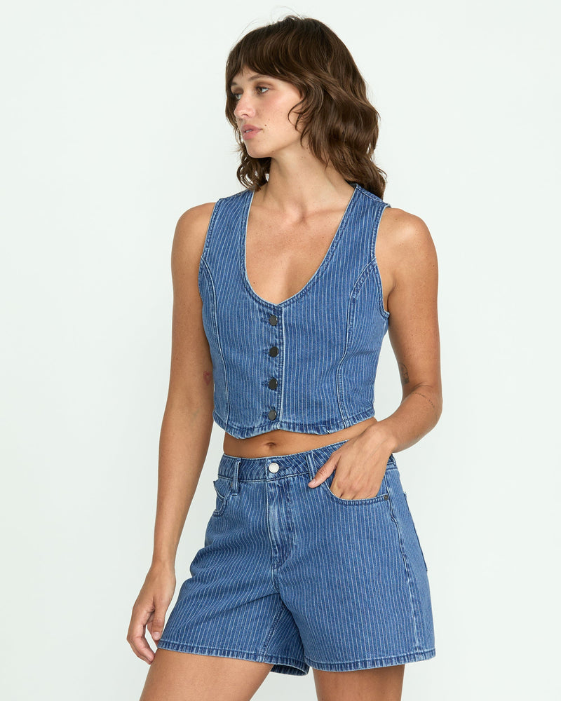 Volcom Women's Stoned Boyfriend Shorts Blue Stripe