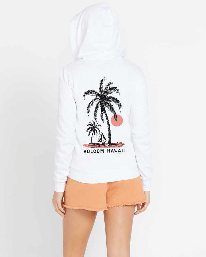 A person wearing the Volcom Women's Sealed Zip Hoodie in white, with palm tree and red sun prints, stands facing away from the camera against a plain white background.