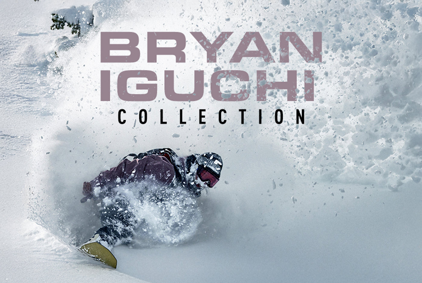 Person snowboarding through powder with 'Bryan Iguchi Collection' text overlay