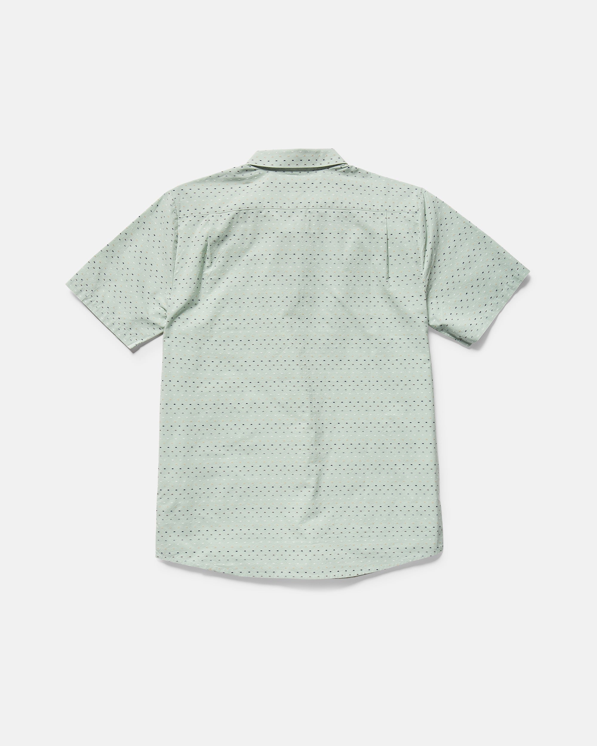 The Volcom Men's Bankstone II Short Sleeve Tee, shown from the back and laid flat on a white background, features a classic fit in light green with subtle dots, textured dobby fabric, short sleeves, and a collar.