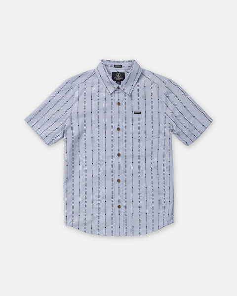 Volcom Boy’s Bankstone Short Sleeve: a pale blue, short-sleeve button-up shirt in a classic fit with a vertical dashed stripe pattern and a chest pocket.