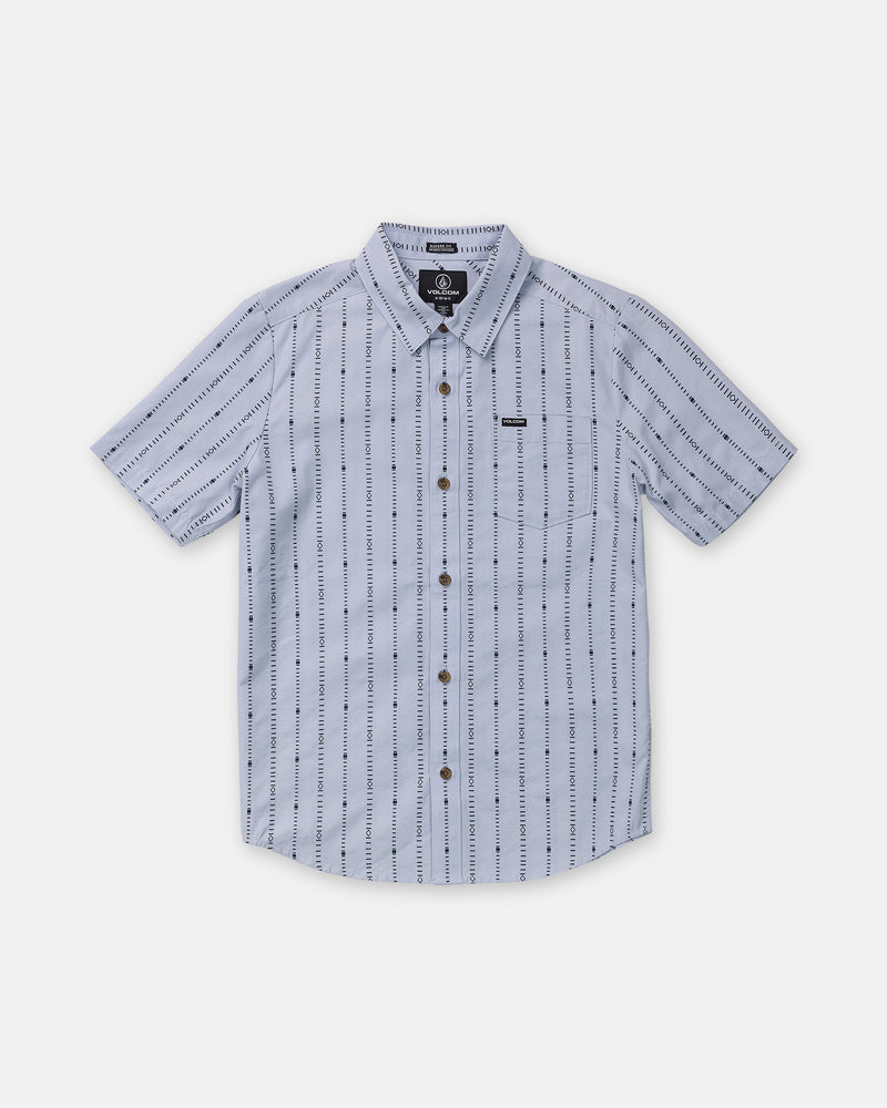 Volcom Boy’s Bankstone Short Sleeve: a pale blue, short-sleeve button-up shirt in a classic fit with a vertical dashed stripe pattern and a chest pocket.