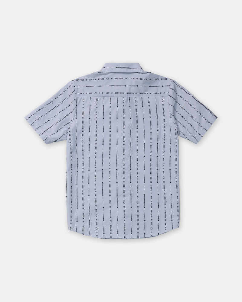 Back view of a pale blue Volcom Boy’s Bankstone Short Sleeve button-up shirt featuring a vertical pattern of black dashed lines.