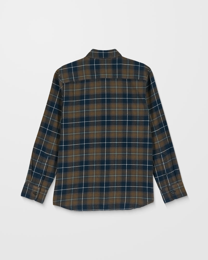 The Kids' Caden Plaid Long Sleeve, shown from the back on a white background, is a classic-fit, 100% cotton navy plaid shirt with blue, brown, and white tones and button-up front.