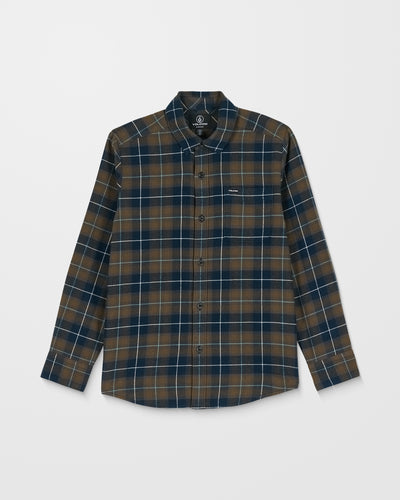 The Kids' Caden Plaid Long Sleeve is a classic-fit, button-up navy flannel shirt with brown and white plaid lines, made from 100% cotton and shown flat on a white background.