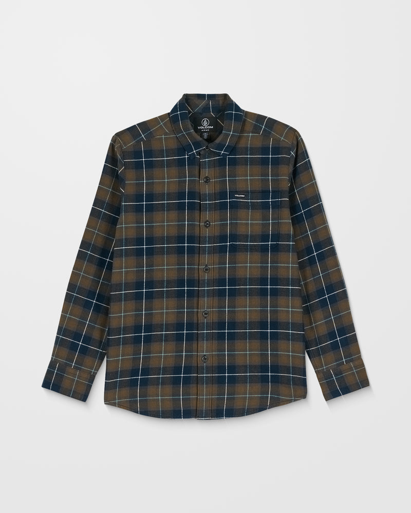 The Kids' Caden Plaid Long Sleeve is a classic-fit, button-up navy flannel shirt with brown and white plaid lines, made from 100% cotton and shown flat on a white background.