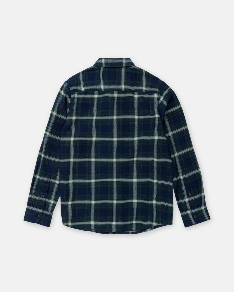 Back view of a Volcom Boy’s Caden Plaid Long Sleeve button-down shirt in a blue, green, and white plaid pattern.