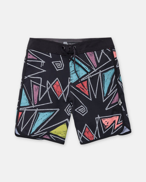 Volcom Boy’s Infuse Scallop Mod black boardshorts showcase a vibrant geometric pattern in blue, red, green, and pink angular shapes outlined in white. Designed with 4-way stretch fabric for exceptional comfort and flexibility, these shorts feature a black waistband with a drawstring for an adjustable fit and come without any visible logo.