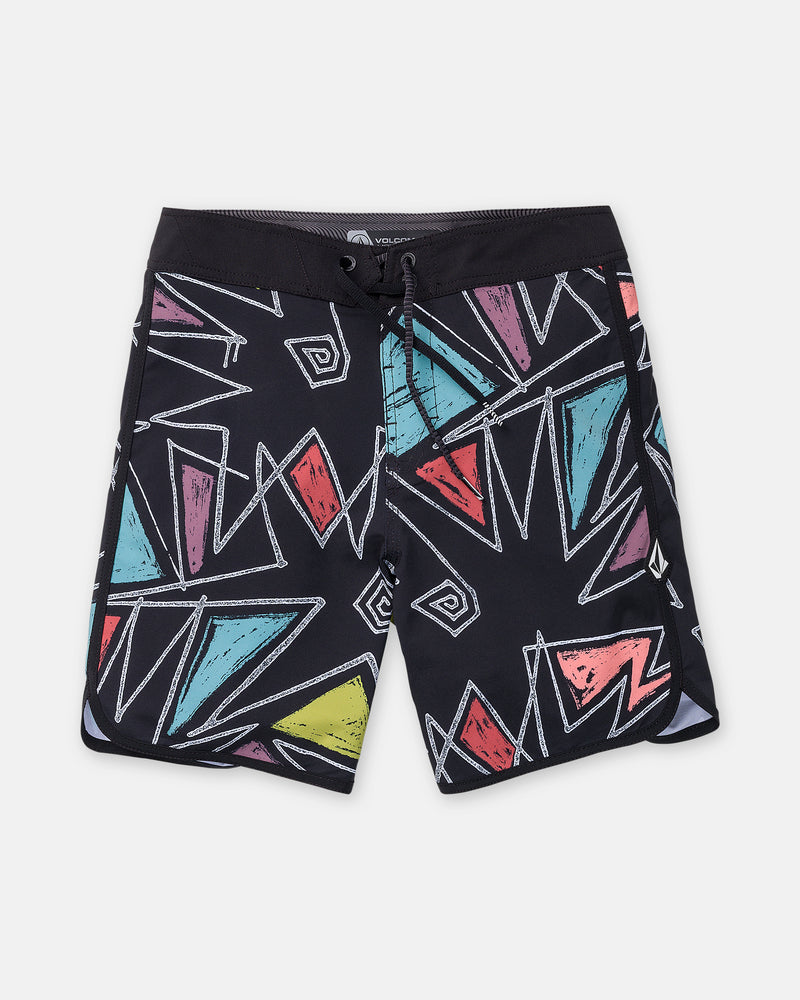 Volcom Boy’s Infuse Scallop Mod black boardshorts showcase a vibrant geometric pattern in blue, red, green, and pink angular shapes outlined in white. Designed with 4-way stretch fabric for exceptional comfort and flexibility, these shorts feature a black waistband with a drawstring for an adjustable fit and come without any visible logo.