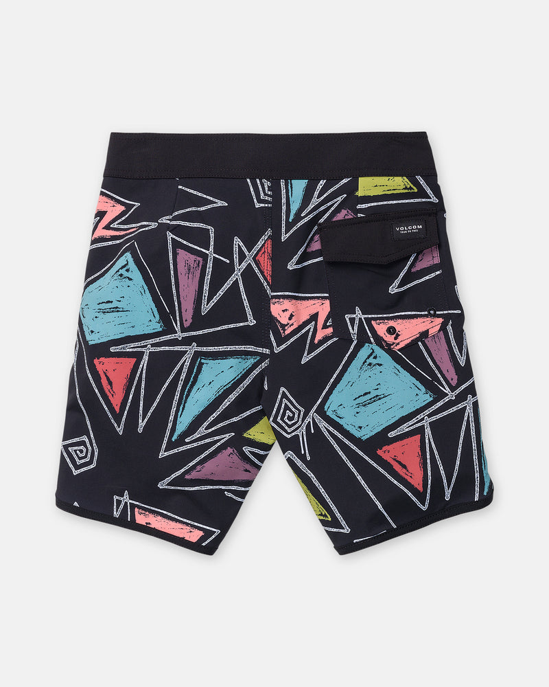 Volcom Boy’s Infuse Scallop Mod boardshorts for boys feature colorful geometric shapes and abstract patterns in black. Designed with 4-way stretch fabric for enhanced comfort and flexibility, these boardshorts include a back pocket with a flap and a small label on the pocket.
