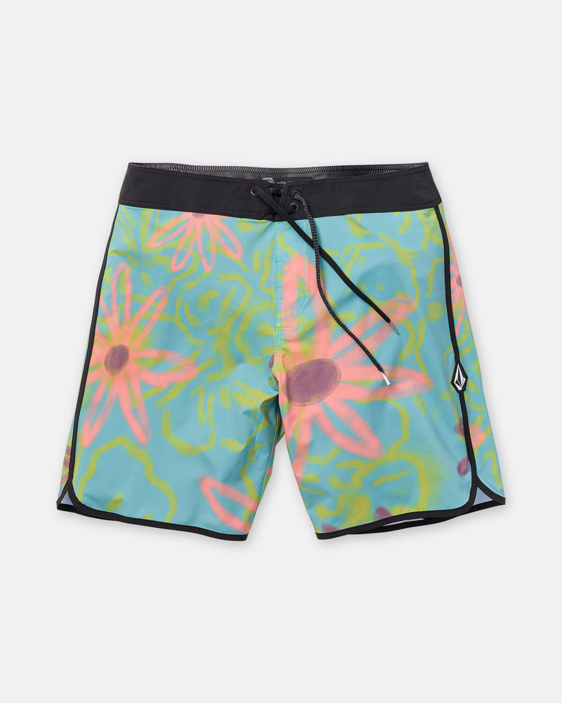 Volcom Boy’s Infuse Scallop Mod boardshorts in blue, featuring a black waistband and drawstring, a vibrant pink and green floral pattern, Cinch Fly Technology for a secure fit, 4-way stretch for maximum comfort, and a small logo on the left leg.