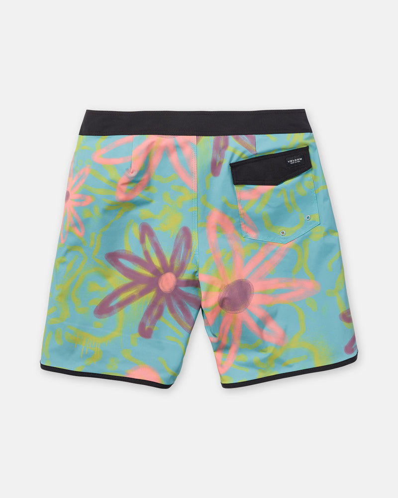 Back view of the Volcom Boy’s Infuse Scallop Mod boardshorts, showcasing a spray-painted flower design in pink, yellow, and purple on a light blue background. Features include a black waistband and a black back pocket, 4-way stretch fabric for added comfort, and Cinch Fly Technology for a secure fit.