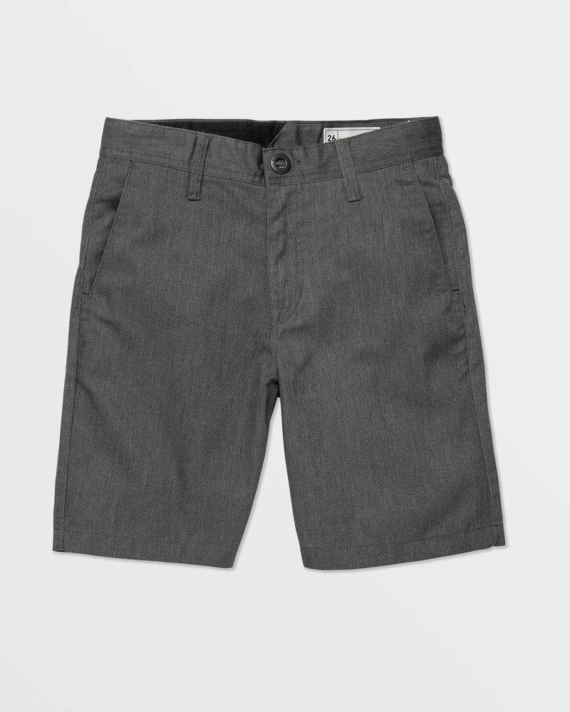 Kids' Big Boys' Frickin Chino Shorts by Volcom in gray, knee-length with front pockets, button and zip closure, and belt loops, modern fit. Laid flat on a white background.