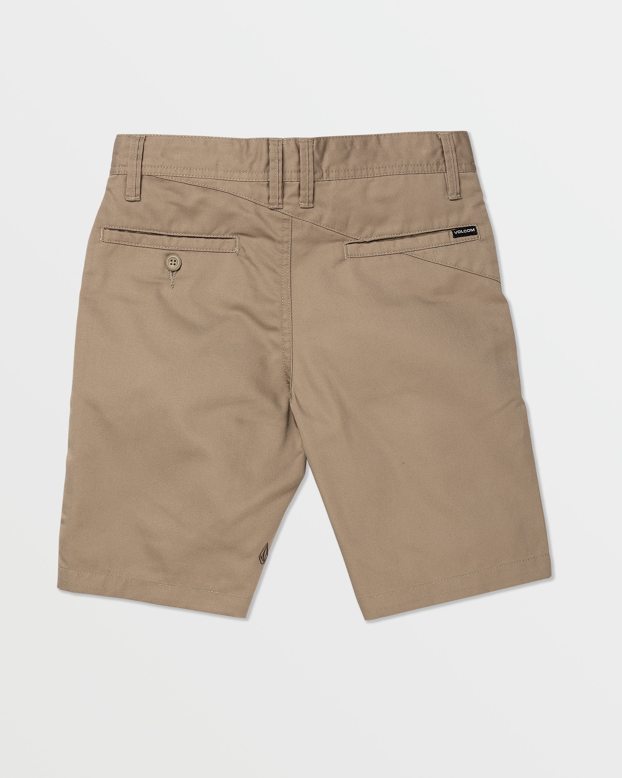 Back view of Volcom Kids' Frickin Chino Shorts 16" in tan khaki, with belt loops, two back pockets—one buttoned—and a black label above the right pocket, shown on a white background.