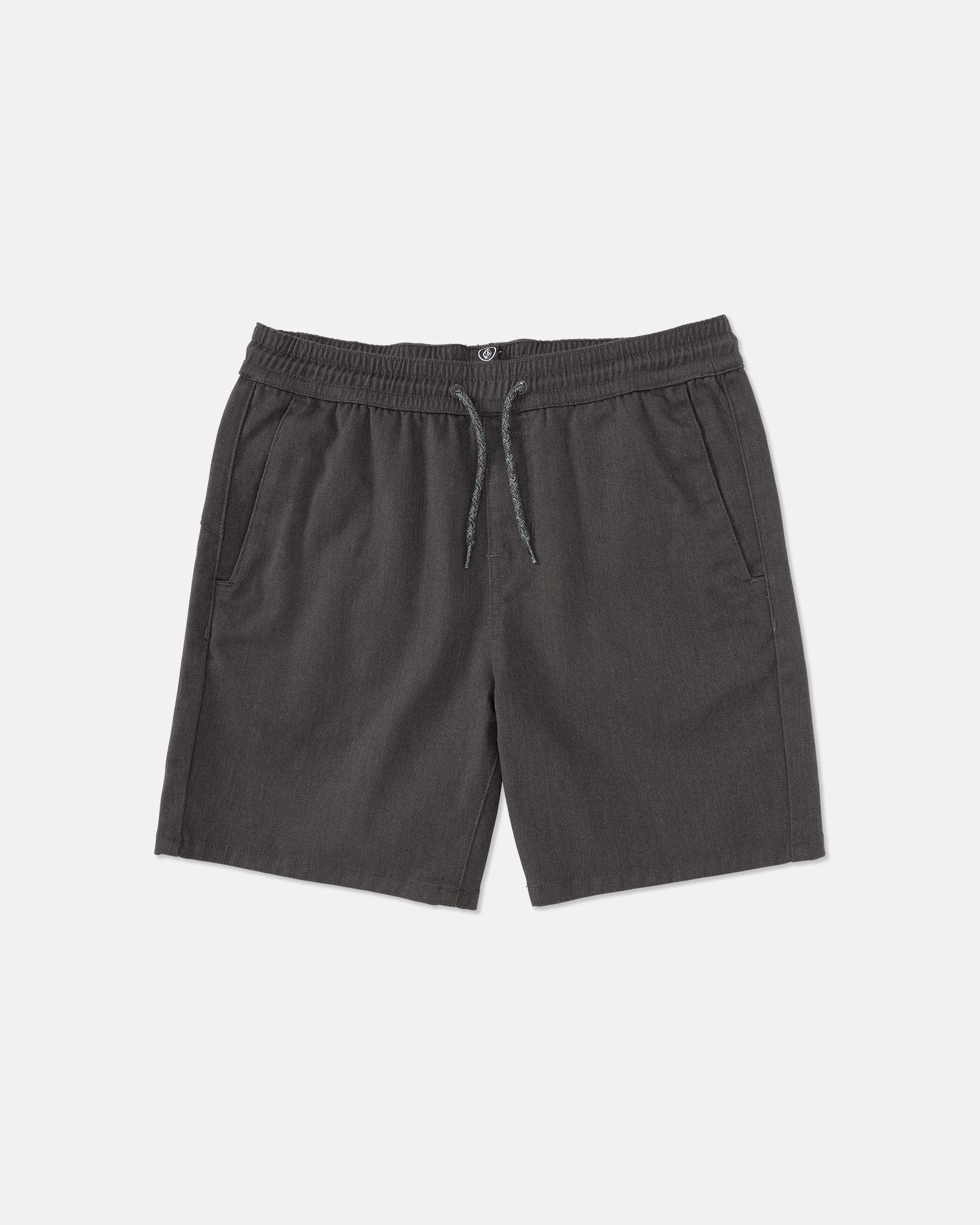 Volcom Kids' Big Boys' Frickin Elastic Waist Shorts in charcoal gray, made from recycled poly-cotton with a drawstring tie, side pockets, and front button detail, shown on a plain white background.