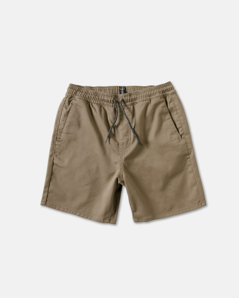 Volcom Kids' Big Boys' Frickin Elastic Waist Shorts, made with recycled poly-cotton, feature an elastic waistband, black drawstring, and side pockets. Shown laid flat on a white background.