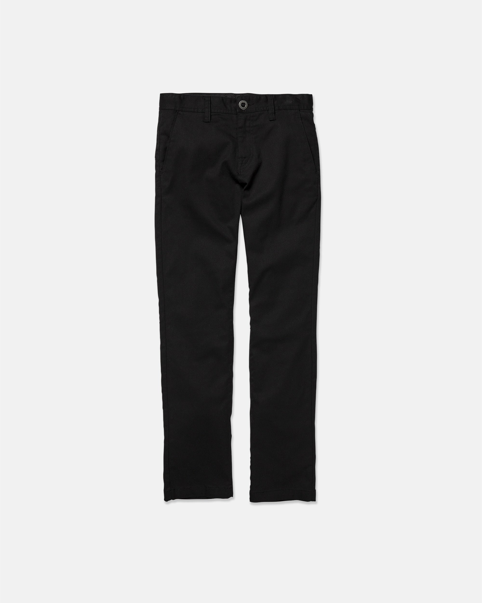 The Volcom Kids' Big Boys' Frickin Modern Stretch Pants are black chinos made with REPREVE recycled fibers, featuring belt loops, a button closure, and side pockets, shown on a plain white background.