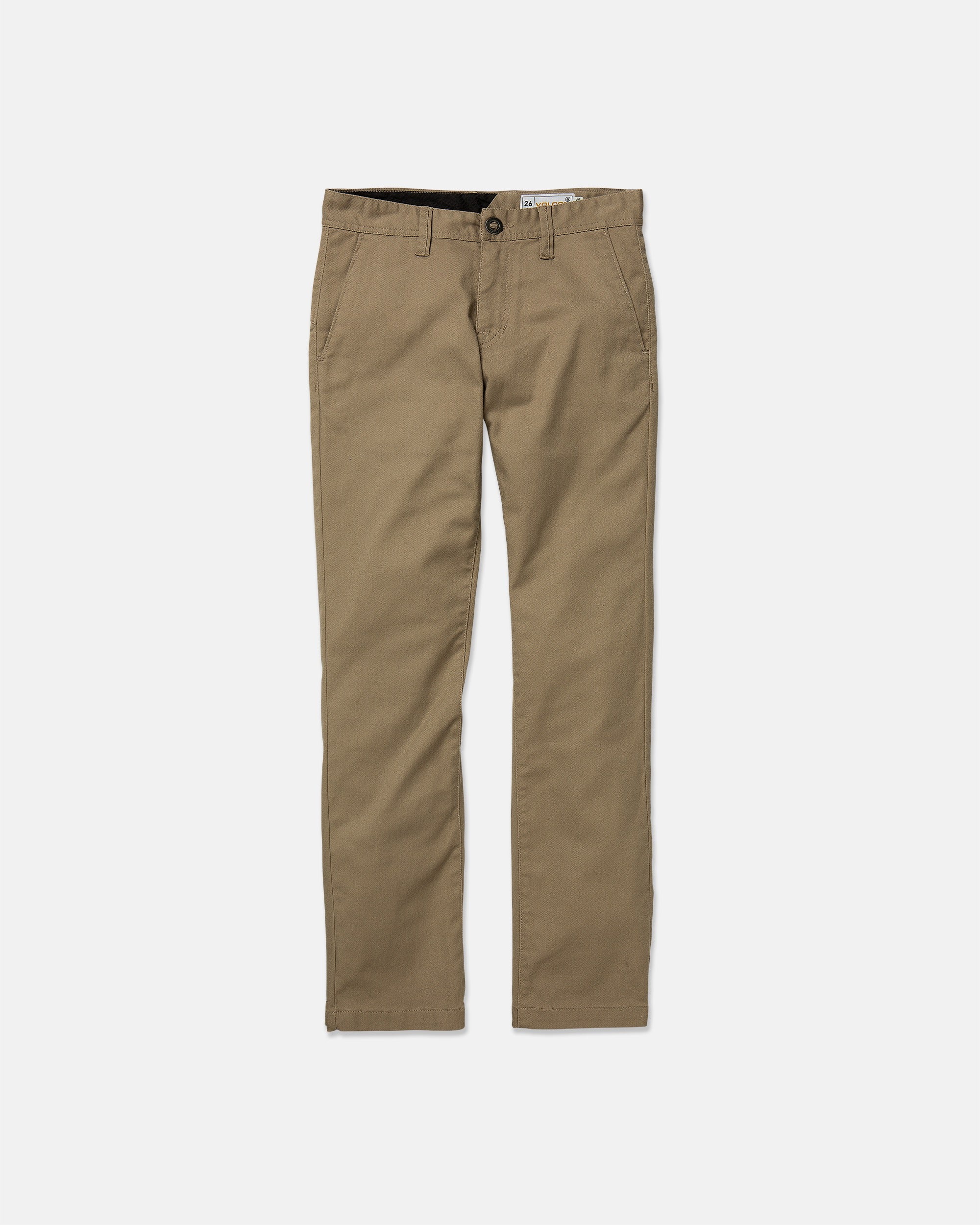 The Volcom Kids' Big Boys' Frickin Modern Stretch Pants are straight-leg khakis with REPREVE recycled fibers, side pockets, and belt loops, shown against a plain white background.
