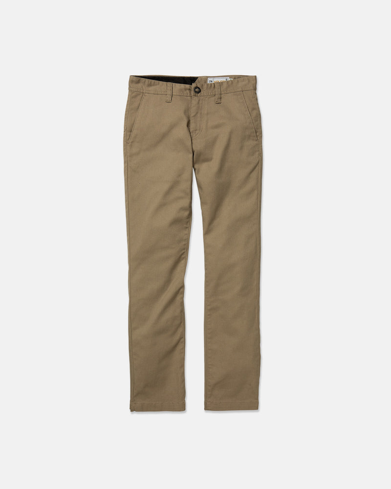 The Volcom Kids' Big Boys' Frickin Modern Stretch Pants are straight-leg khakis with REPREVE recycled fibers, side pockets, and belt loops, shown against a plain white background.