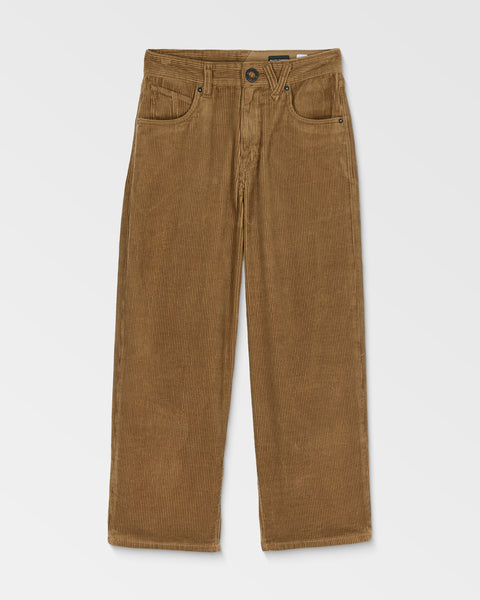 The Volcom Kids' Billow Cord Pants in brown cotton corduroy feature a loose tapered fit, five pockets, and a button closure, shown laid flat on a white background.