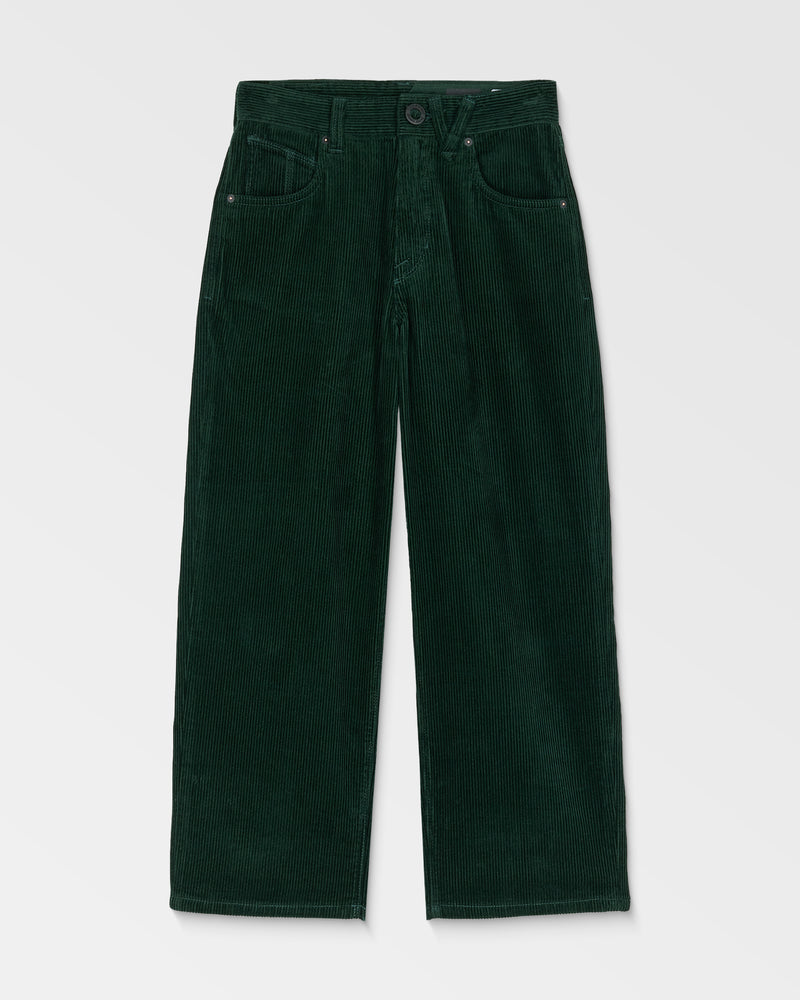Kids' Big Boys' Billow Cord Pants by Volcom in dark green, featuring a loose tapered wide-leg fit, front button and zipper closure, belt loops, and front pockets, shown laid flat on a white background.
